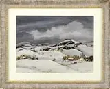 Adolf Albert Dehn, Winter in Pennsylvania, Watercolor winter scene shows several large farms nestled amongst rolling hills covered with snow under dark cloud skies