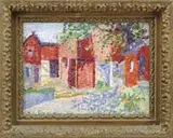 Alice Lowe Leczinska Ferguson, The Clark Farm New Hope, Oil on board colorful scene shows a connected farm with barns