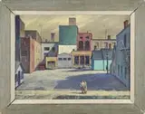 Clyde Singer, Parking Lot, Sunday Morning, East Front St, Oil on canvas scene shows a man & woman in front of a vacant lot surrounded by colorful buildings