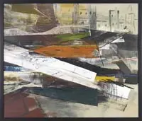 Serge Charchoune, Abstract Composition, Oil on masonite scene shows a colorful piling of rectangles having a outlined cityscape in the background