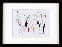 Oscar Fischinger, Lines & Flags, Watercolor abstract scene shows colorful intersecting lines producing colorful flag style shapes