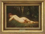 Leon Vuilleminot Erpikum, Woodland Sleep, Oil on wood panel woodland scene shows a sleeping nude woman amongst green grass backed by trees