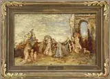 Adolph Joseph Thomas Monticelli, The Grand Ball, Oil on wood panel scene shows people arriving in fancy gowns outside a large stone arch