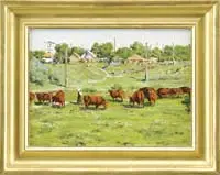 Sergeï Danilovich Dumenko, Summer in Odessa, Oil on board summer scene shows a woman tending a herd of brown cows with several houses and people on a small hillside