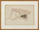 Auguste Rodin, Reclining Nude, Graphite heightened with watercolor scene shows a portrait of a reclining nude woman