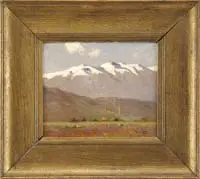 Ramos Catalan, White Peaks, Oil on canvas South American scene shows a ridge of high snow peaked mountains dropping to a flat valley floor