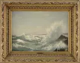 Johannes Herman Brandt, Crashing Surf, Oil on canvas coastal scene shows a large wave pummeling a rocky shore causing a large plume of spray