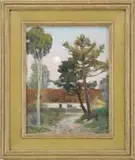 William Posey Silva, Cottage in Picardy, France, Oil on board scene shows a long red roof cottage under tall trees with blue & pink sky