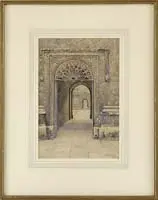 Bernard Cecil Gotch, Two Works: Tower Bridge & Cathedral Interior, 1) Fine watercolor shows a fancy stone bridge over river with large tower having cathedral windows and six-spire top