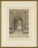 Bernard Cecil Gotch, Two Works: Tower Bridge & Cathedral Interior, 1) Fine watercolor shows a fancy stone bridge over river with large tower having cathedral windows and six-spire top