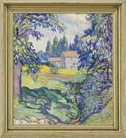 Louis Ritman, Landscape in Giverny, Oil on canvas impressionistic scene shows a barn amongst tall trees with colorful fields and foreground wildflowers