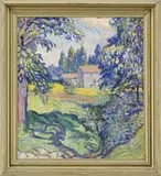 Louis Ritman, Landscape in Giverny, Oil on canvas impressionistic scene shows a barn amongst tall trees with colorful fields and foreground wildflowers