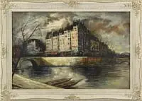 M. Katz, Parisian Evening, Oil on canvas scene shows a river with arched bridges and a corner block with tall building under evening sky