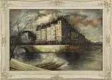 M. Katz, Parisian Evening, Oil on canvas scene shows a river with arched bridges and a corner block with tall building under evening sky