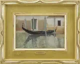 Ernest D. Roth, Venice Gondola, Oil on panel sketch shows a black gondola moored to a tall post near buildings doorway
