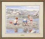 Jose Trinidad, Little Builders, Oil on canvas scene shows three boys building a sand castle amongst tidal water on a beach with rocks & sand
