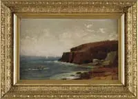 Rocky Coastline by Unsigned, Oil on canvas Maine scene shows a cliff side shoreline with two sailboats on calm water, sold Aug 2011
