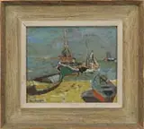 Eric Isenburger, Provincetown, Oil on canvas scene shows several fishing boats moored on calm blue ocean. Two rowboats are seen on sandy beach