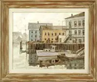 Richard Sigafoos, Windows on the Harbor, Stonington, Maine, Oil on masonite scene shows three large buildings on wood pile wharf with small dock having tethered lobster boat