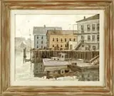 Richard Sigafoos, Windows on the Harbor, Stonington, Maine, Oil on masonite scene shows three large buildings on wood pile wharf with small dock having tethered lobster boat