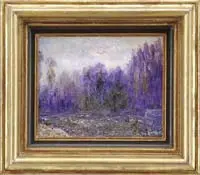 Purple Hue by Joseph Raphael, Oil on masonite colorful landscape scene shows a field with purple trees under colorful sky, sold Aug 2011