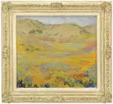 J Sogwell Powell, Fields of Flowers, Oil on canvas western scene shows a large expanse of flower fields leading to low hills under blue sky