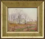 George A. Renouard, Pastel Surroundings, Oil on academy board spring scene shows a connected house amongst trees and colorful ground cover
