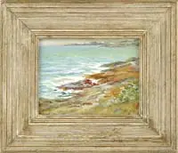 Clarence Scott White, The Turquoise Coast, Watercolor coastal scene shows a light seafoam green ocean with white waves and rock & grass covered shoreline