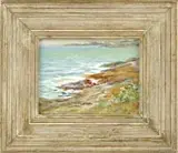 Clarence Scott White, The Turquoise Coast, Watercolor coastal scene shows a light seafoam green ocean with white waves and rock & grass covered shoreline