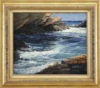 John Thorpe, The Jagged Coast, Oil on canvas coastal scene shows an inlet between jagged granite rocks with blue ocean with white foam