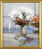 Charles C Gruppe, Still Life Overlooking Sailboats, Oil on canvas scene shows a vase of white & red flowers set in front of a window overlooking two sailboats on blue water
