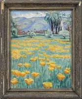 Edith Catlin Phelps, A Field of Poppies, Oil on board scene shows a large field of orange poppies leading to tall palm trees and blue mountains