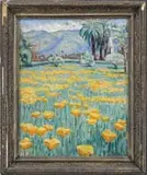 Edith Catlin Phelps, A Field of Poppies, Oil on board scene shows a large field of orange poppies leading to tall palm trees and blue mountains
