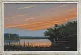 Sam Newton, Florida Bay, Gulf Coast, 1970, Oil on board Highwayman art scene shows two egrets in calm water with beautiful sunset sky reflecting in the water