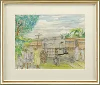 Reynolds Beal, Curinto Nicaragua, Mixed media scene shows a train yard with foreground passengers and a photographic van waiting for the horse team