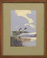 Bertram George Bruestle, Taking Off, Gouache wildlife scene shows a male & female duck taking flight over a marsh area. The sky in shades of blue & white