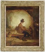 Unsigned, Training the Monkey, Oil on canvas interior scene shows a man with monkey beside on a platform bed