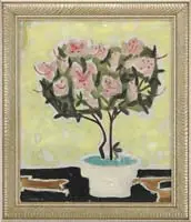 Alexander Lieberman, Homage to Milton Avery, Oil on canvas still life scene shows a white pot of pink flowers against a bright yellow background