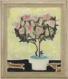 Alexander Lieberman, Homage to Milton Avery, Oil on canvas still life scene shows a white pot of pink flowers against a bright yellow background