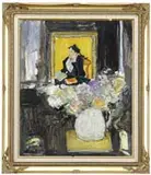 Milton W. Holm, Interior Scene with Still Life, Oil on canvas scene looking across a room which has an ironstone pitcher of flowers and portrait of a woman reading book