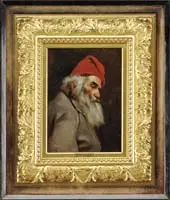 Isabella Vail Waldo, Old Canal Sailor, Oil on board portrait of a gray bearded old man wearing a gray jacket and red cap. He smokes a pipe