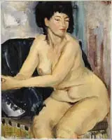 Elsa by Raphael Soyer, Oil on canvas nude woman seated in a cloth covered chair, sold Aug 2011