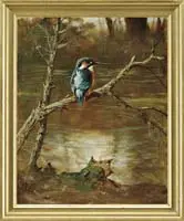 Georg Majewicz, Stream Side Kingfisher, Oil on canvas nature scene shows a Kingfisher perched on a branch leaning over a body of water