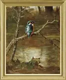 Georg Majewicz, Stream Side Kingfisher, Oil on canvas nature scene shows a Kingfisher perched on a branch leaning over a body of water