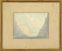 George Elbert Burr, The Towering Cumulus, Colored crayon western scene shows tall cumulus clouds building over a western landscape with buttes in shadow