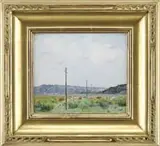 Vladimir Mikailovich Sinitski, Grazing, Oil on board scene shows eight cows grazing on a green field below a line of electric poles with low hills