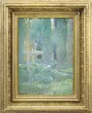 The Garden Fountain by Marie Theresa Gorsuch Hart, Oil on canvas scene of a lush garden with central two-tier stone fountain surrounded by flowers and tall trees, sold Aug 2011