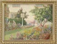 Karl Albert Buehr, The Flower Garden, Oil on board backyard scene shows a green lawn bordered by wonderful flower beds supporting one tall birdhouse on post
