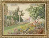 Karl Albert Buehr, The Flower Garden, Oil on board backyard scene shows a green lawn bordered by wonderful flower beds supporting one tall birdhouse on post