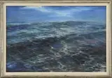 Edward H. Hergelroth, Sun of the Sea, Oil on canvas sea study shows the sun at the edge of a deep blue sky reflecting veins of sunlight on the water